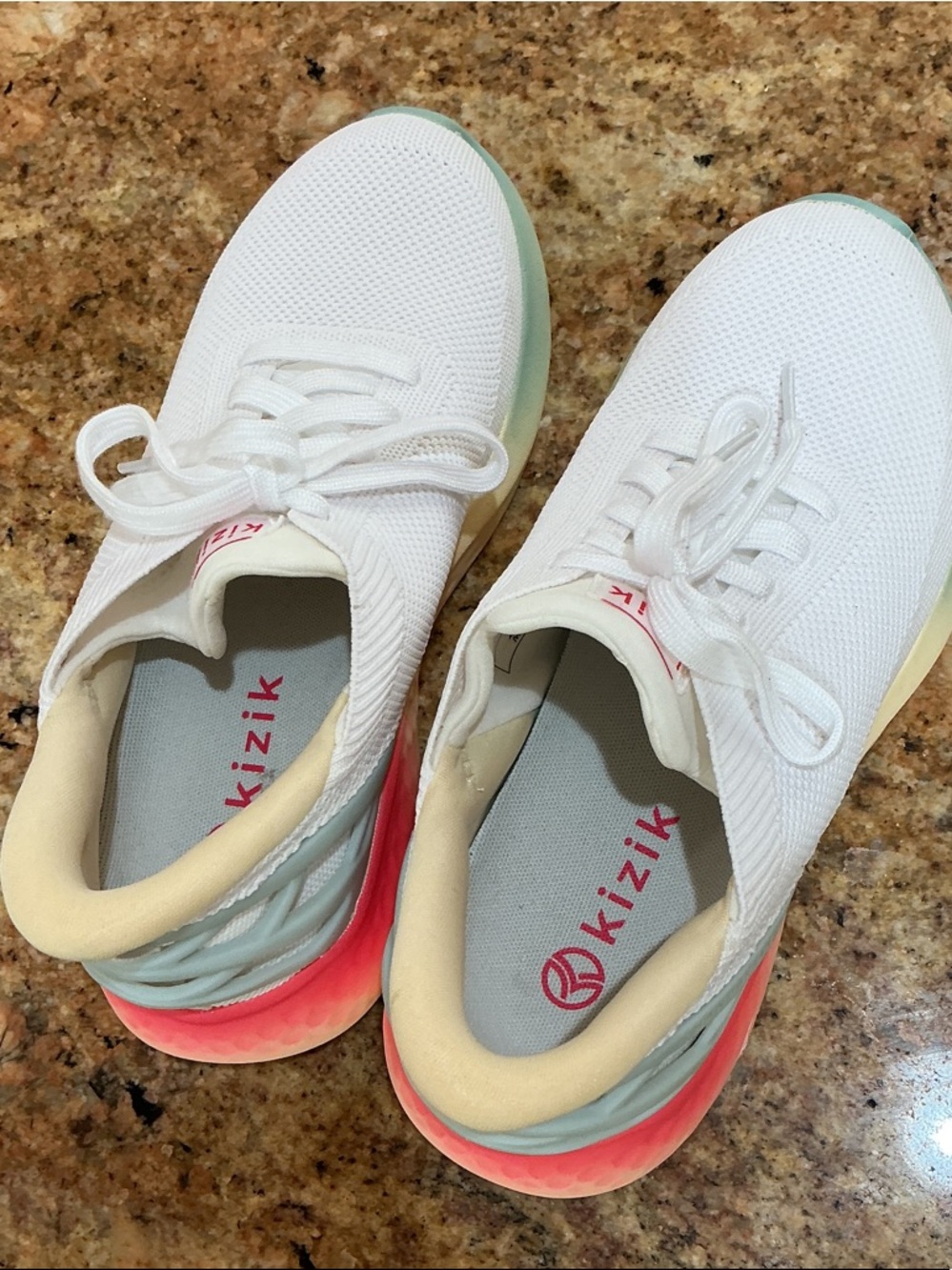 Kizik Women’s White Knit Slip-On Athletic Sneakers with Coral Accent